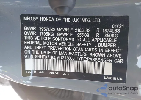 2021 Honda Civic Ex из США, поврежденный, VIN SHHFK7H65MU213800